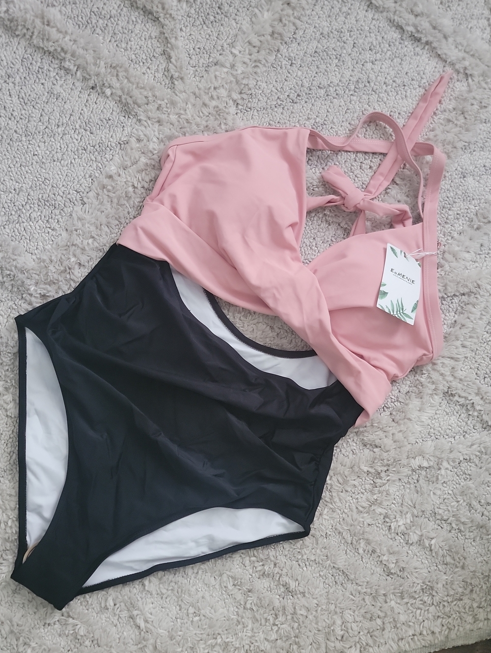 NWT Color Block Pink & Black Two-Tone One-Piece Criss Cross Tie Back Swimsuit